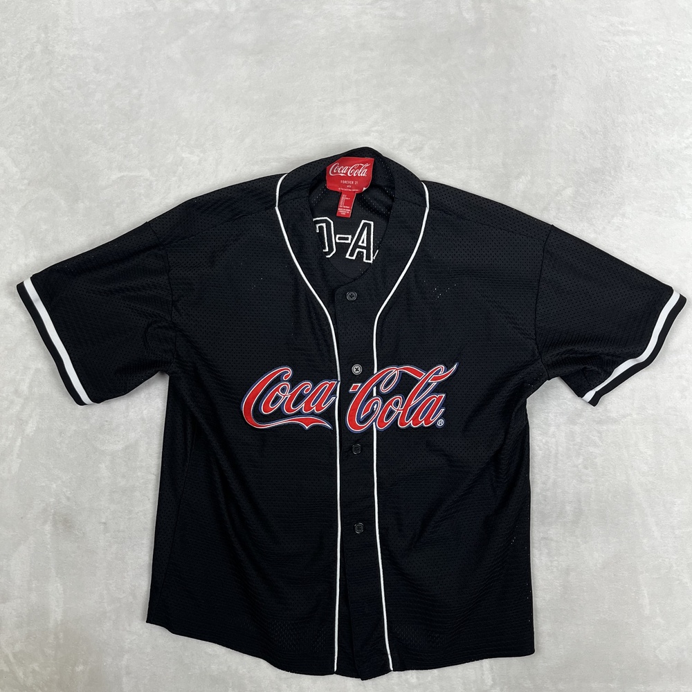 Forever 21 Coca-Cola Baseball Jersey Shirt Mens S Black Short Sleeve Button Up
